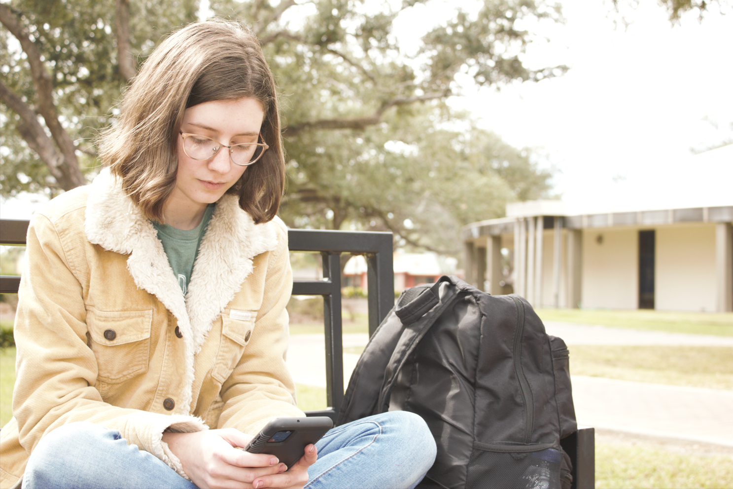 A photo of a student sitting on a bench looking at her phone.